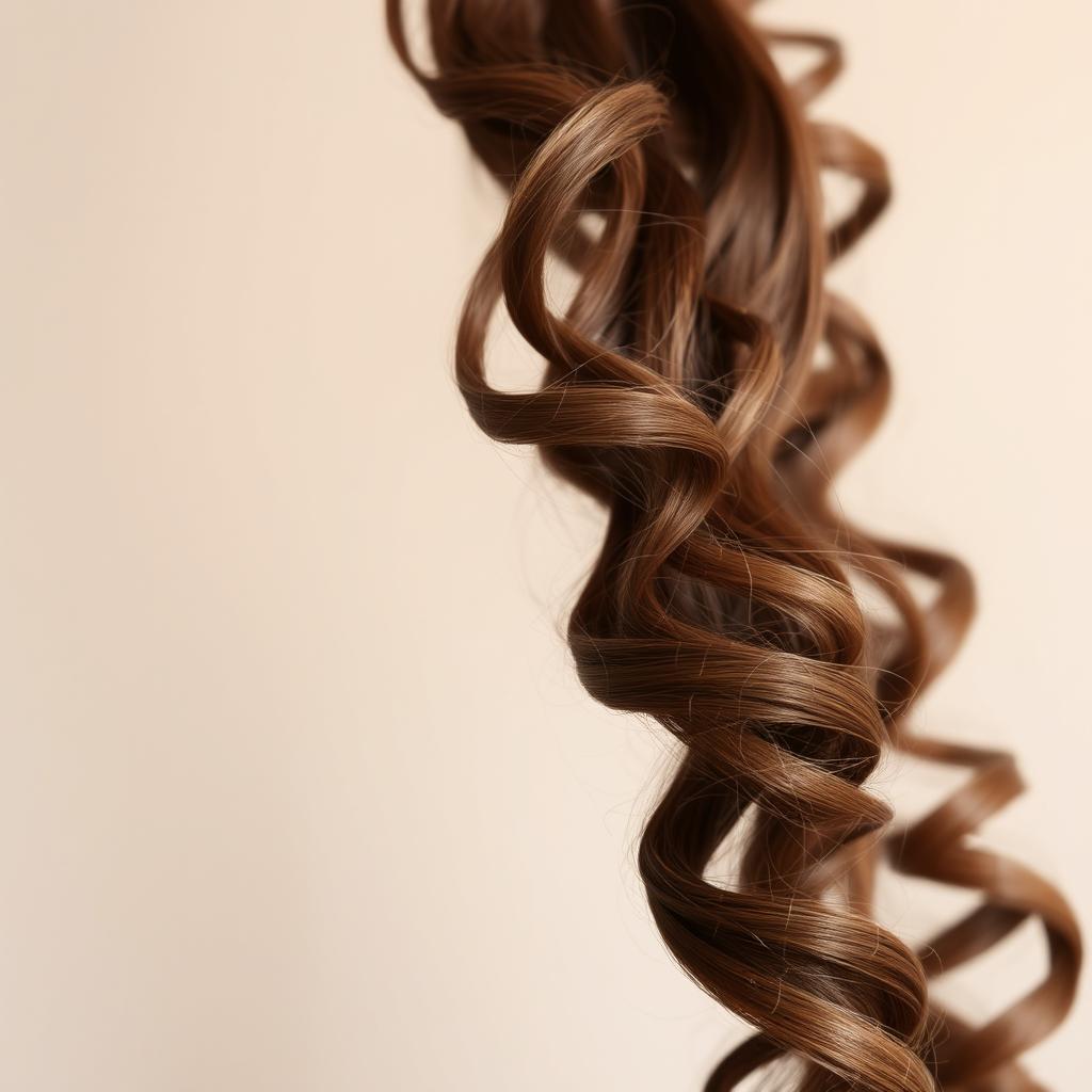 a single long, defined brown curly hair strand, showcasing texture and shine against a soft, blurred background, capturing the intricate curls and highlights in the hair, soft focus on the edges, emphasizing the detail of the individual curls and the way the light reflects off the strand