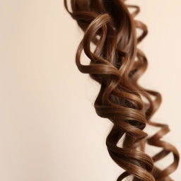 a single long, defined brown curly hair strand, showcasing texture and shine against a soft, blurred background, capturing the intricate curls and highlights in the hair, soft focus on the edges, emphasizing the detail of the individual curls and the way the light reflects off the strand