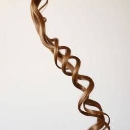 a single long, defined brown curly hair strand, showcasing texture and shine against a soft, blurred background, capturing the intricate curls and highlights in the hair, soft focus on the edges, emphasizing the detail of the individual curls and the way the light reflects off the strand