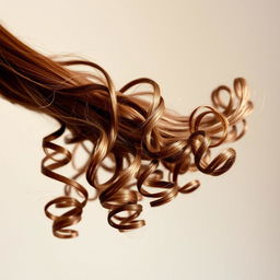 a single long, defined brown curly hair strand, showcasing texture and shine against a soft, blurred background, capturing the intricate curls and highlights in the hair, soft focus on the edges, emphasizing the detail of the individual curls and the way the light reflects off the strand