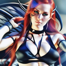 This digital art portrays a sensual and provocative dragon elf girl, her fiery red hair cascading down her back, mirroring the women in the reference images