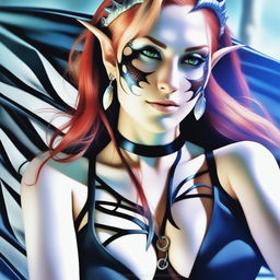 This digital art portrays a sensual and provocative dragon elf girl, her fiery red hair cascading down her back, mirroring the women in the reference images