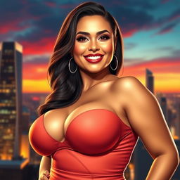 A hyper-realistic portrait of a voluptuous woman with large breasts, showcasing her confidence and allure