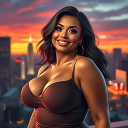 A hyper-realistic portrait of a voluptuous woman with large breasts, showcasing her confidence and allure