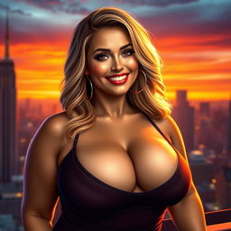 A hyper-realistic portrait of a voluptuous woman with large breasts, showcasing her confidence and allure