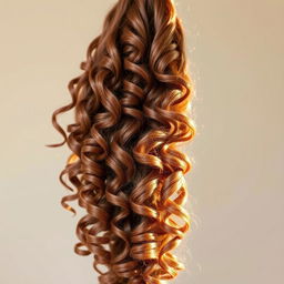 A long, thick, and defined strand of curly brown hair, showcasing its rich texture and detailed curls, illuminated by soft, natural light to create a beautiful and vibrant appearance