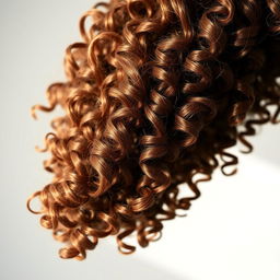 A long, thick, and defined strand of curly brown hair, showcasing its rich texture and detailed curls, illuminated by soft, natural light to create a beautiful and vibrant appearance