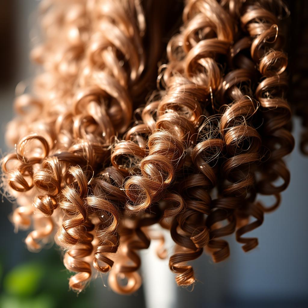 A long, thick, and defined strand of curly brown hair, showcasing its rich texture and detailed curls, illuminated by soft, natural light to create a beautiful and vibrant appearance