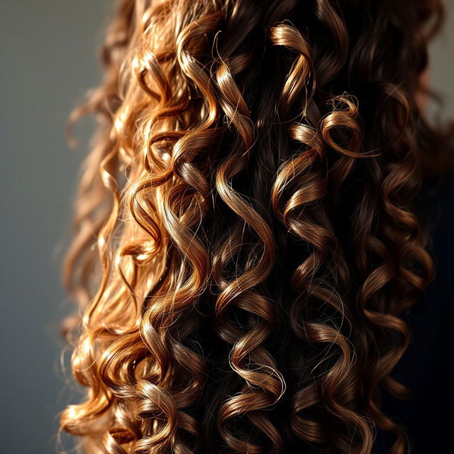 A long, thick, and defined strand of curly brown hair, showcasing its rich texture and detailed curls, illuminated by soft, natural light to create a beautiful and vibrant appearance