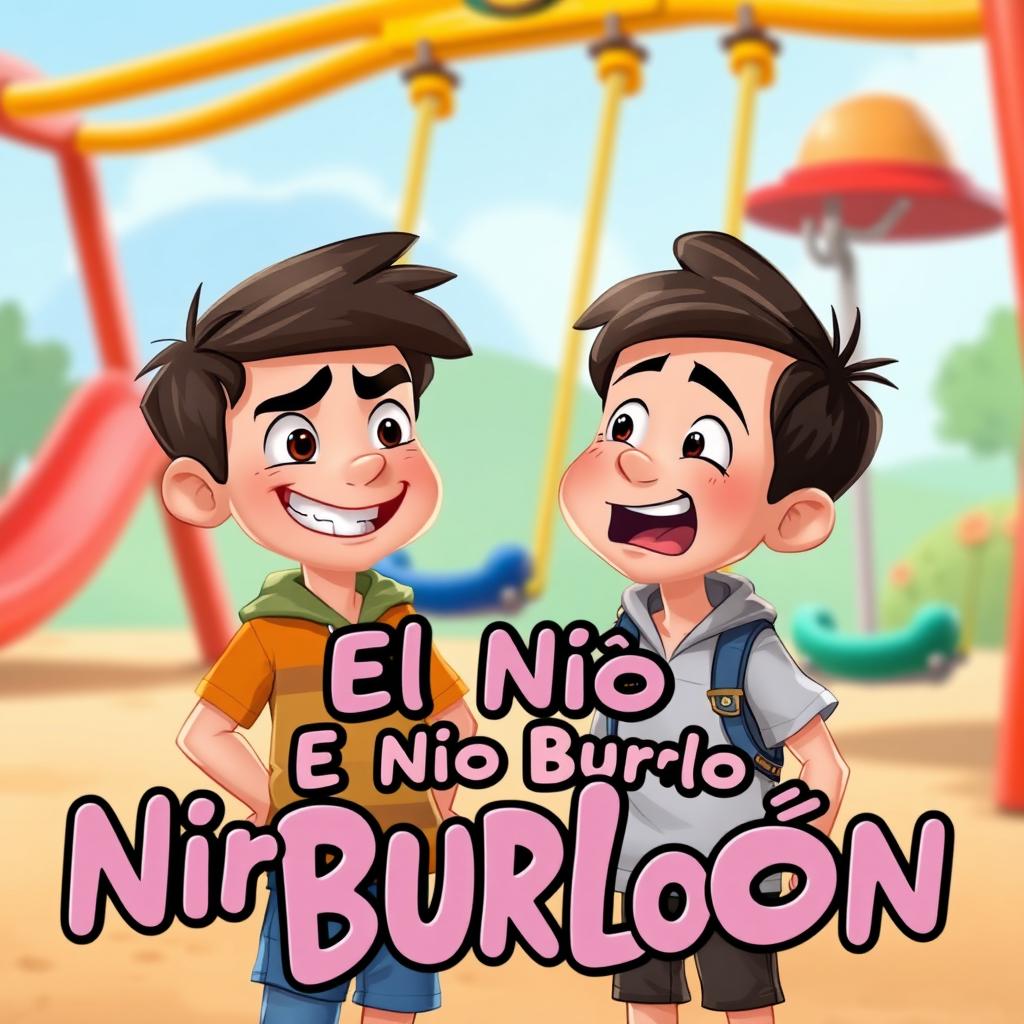 An animated-style image illustrating a playful scene where one boy is teasing another boy with a mischievous grin