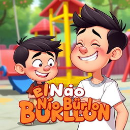 An animated-style image illustrating a playful scene where one boy is teasing another boy with a mischievous grin