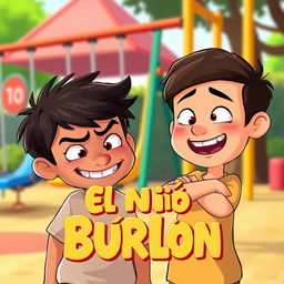 An animated-style image illustrating a playful scene where one boy is teasing another boy with a mischievous grin