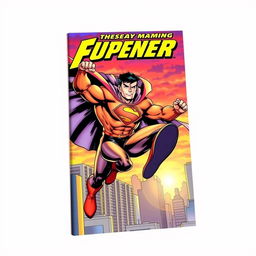 A dynamic comic book cover featuring a heroic superhero in action