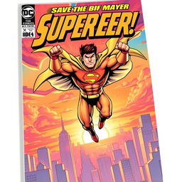 A dynamic comic book cover featuring a heroic superhero in action