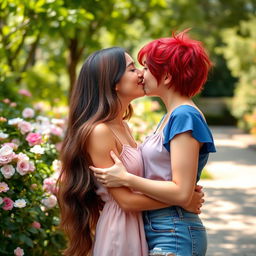 A romantic and intimate moment between two young women sharing a sweet kiss