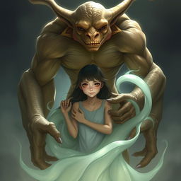 A massive, powerful, genderless creature with large muscular arms and elongated ears stands behind a girl, gently pulling her into its embrace