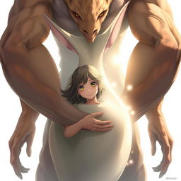 A massive, powerful, genderless creature with large muscular arms and elongated ears stands behind a girl, gently pulling her into its embrace