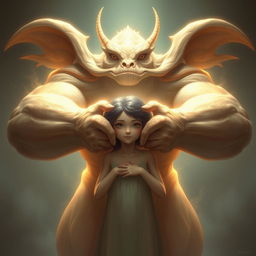 A massive, powerful, genderless creature with large muscular arms and elongated ears stands behind a girl, gently pulling her into its embrace
