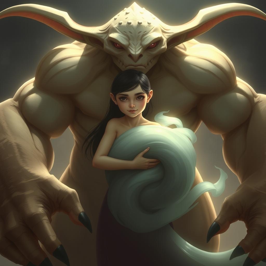 A massive, powerful, genderless creature with large muscular arms and elongated ears stands behind a girl, gently pulling her into its embrace