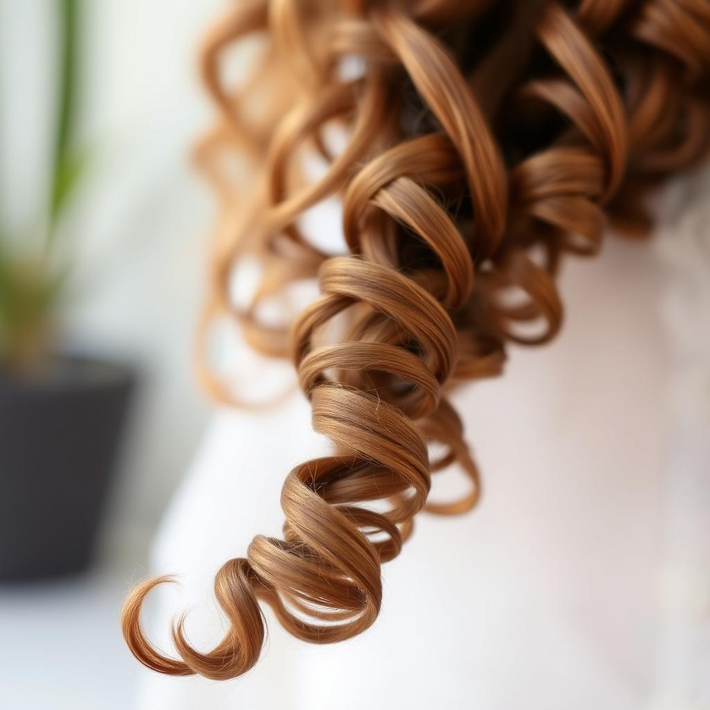 A single long, thick strand of defined brown hair, showcasing beautifully curly and wavy textures, glistening in natural light