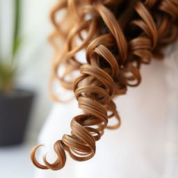 A single long, thick strand of defined brown hair, showcasing beautifully curly and wavy textures, glistening in natural light