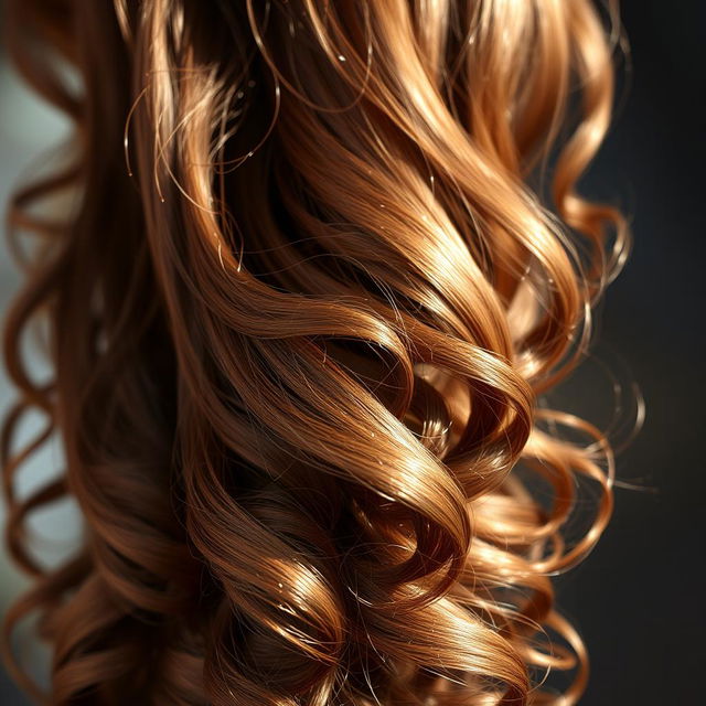 A single long, thick strand of defined brown hair, showcasing beautifully curly and wavy textures, glistening in natural light