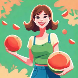 A high-quality, cartoon-style image of a girl happily holding a pair of large, ripe melons in one hand and a giant, juicy peach in the other