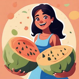 A high-quality, cartoon-style image of a girl happily holding a pair of large, ripe melons in one hand and a giant, juicy peach in the other