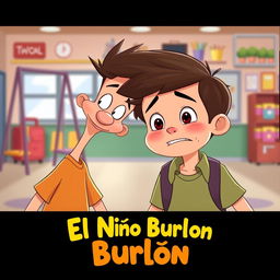 An animated-style image depicting a scene in a school where one boy is playfully teasing another boy at a schoolyard during recess