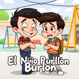 An animated-style image depicting a scene in a school where one boy is playfully teasing another boy at a schoolyard during recess