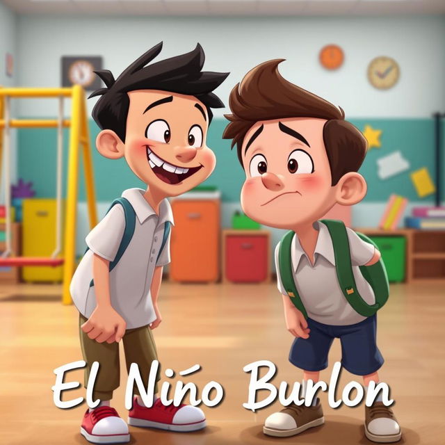 An animated-style image depicting a scene in a school where one boy is playfully teasing another boy at a schoolyard during recess