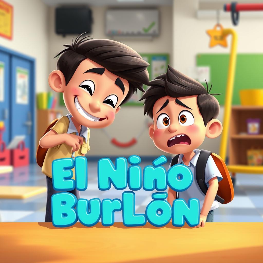 An animated-style image depicting a scene in a school where one boy is playfully teasing another boy at a schoolyard during recess