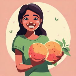 A high-quality, cartoon-style image of a girl happily holding a pair of large, ripe melons in one hand and a giant, juicy peach in the other