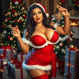 A sensual Christmas scene featuring a voluptuous woman with large breasts, adorned in a festive red and white outfit that highlights her curves
