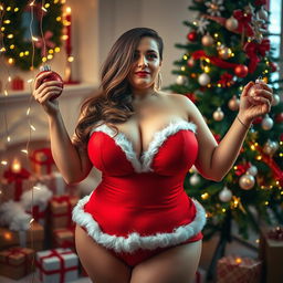 A sensual Christmas scene featuring a voluptuous woman with large breasts, adorned in a festive red and white outfit that highlights her curves
