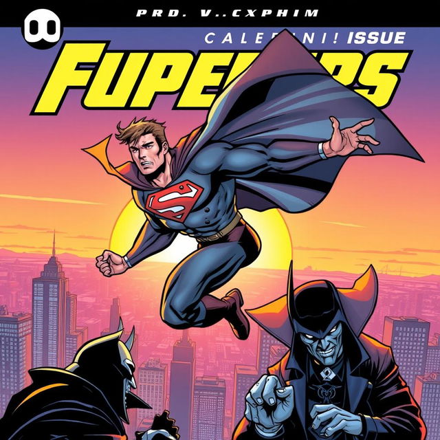 A dynamic and vibrant comic book cover featuring a superhero in mid-action