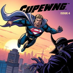 A dynamic and vibrant comic book cover featuring a superhero in mid-action