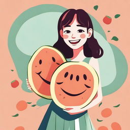 A high-quality, cartoon-style image of a girl happily holding a pair of large, ripe melons in one hand and a giant, juicy peach in the other