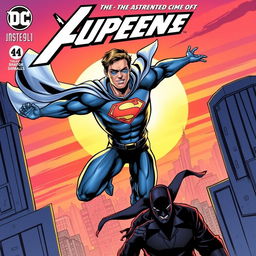 A dynamic and vibrant comic book cover featuring a superhero in mid-action