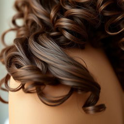 A close-up of a long, thick, defined strand of brown curly and wavy hair resting elegantly on a woman's shoulder