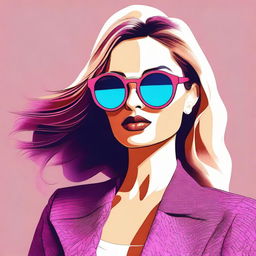 A digital art image of a fashionable woman, striking a pose with a pair of oversized round sunglasses