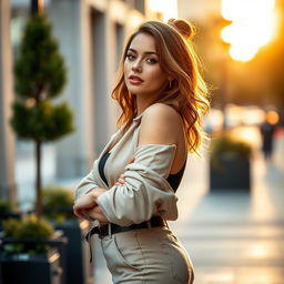 A confident and stylish woman posing in a chic urban environment