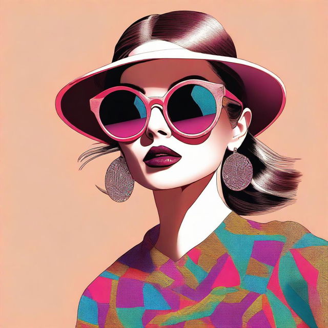 A digital art image of a fashionable woman, striking a pose with a pair of oversized round sunglasses