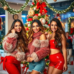 A festive holiday scene featuring attractive women with glamorous outfits celebrating Christmas