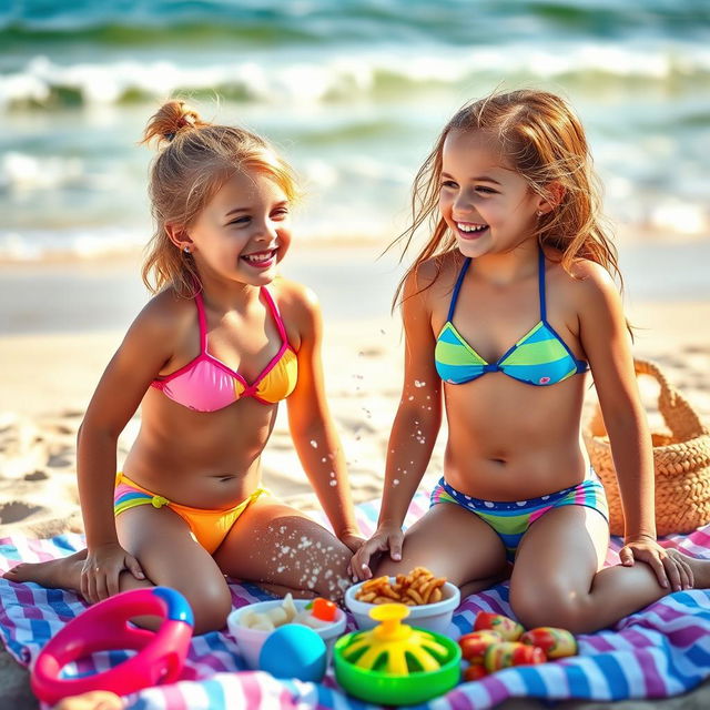 A summer beach scene featuring two young girls, smiling and playfully interacting, wearing colorful bikinis
