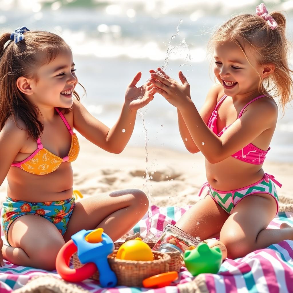 A summer beach scene featuring two young girls, smiling and playfully interacting, wearing colorful bikinis
