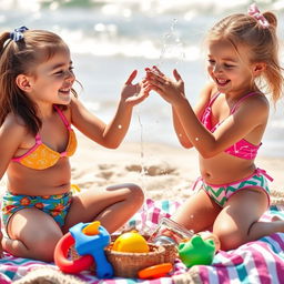 A summer beach scene featuring two young girls, smiling and playfully interacting, wearing colorful bikinis