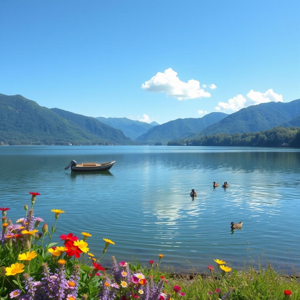 A serene landscape featuring a tranquil lake surrounded by lush green mountains under a clear blue sky