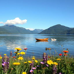 A serene landscape featuring a tranquil lake surrounded by lush green mountains under a clear blue sky