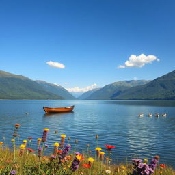A serene landscape featuring a tranquil lake surrounded by lush green mountains under a clear blue sky